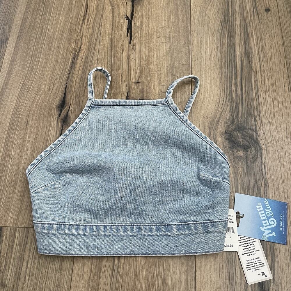 NEW Show Me Your Mumu Fawcett Crop Top Denim Jean Size Small Light Wash Stretch